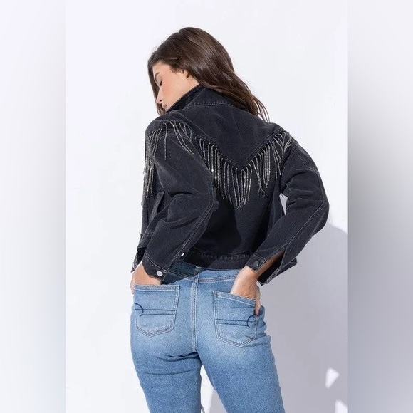 Rhinestone Fringe Crop Denim Jacket - Picture 3 of 7